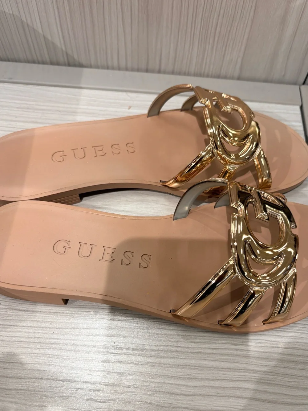 GUESS Nude Slip-On Sandals with Gold Logo Emblem